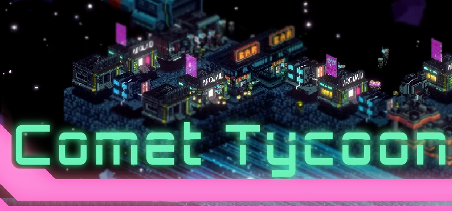 Comet Tycoon artwork showing a neon-lit pixel-art colony